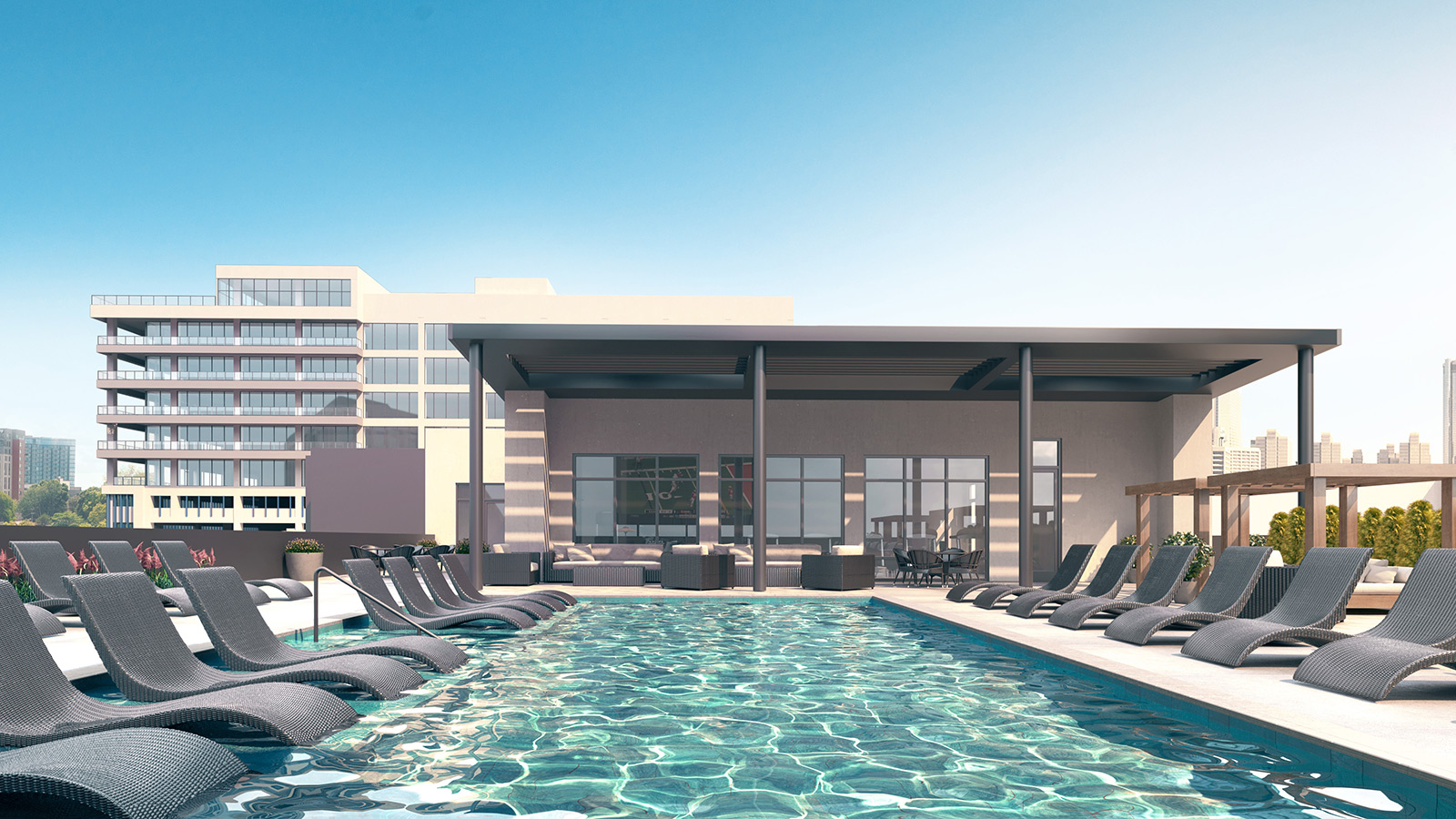 atlanta off-campus apartments Outdoor pool with lounge chairs